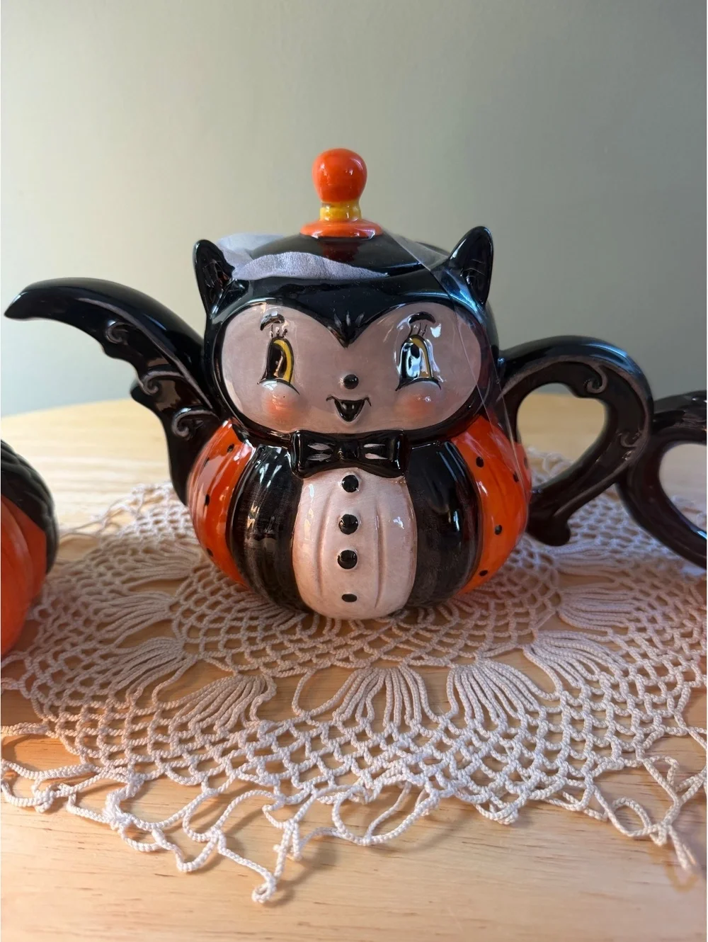 Johanna Parker Ceramic Owl and Bat Pumpkin Teapot and Mugs Set